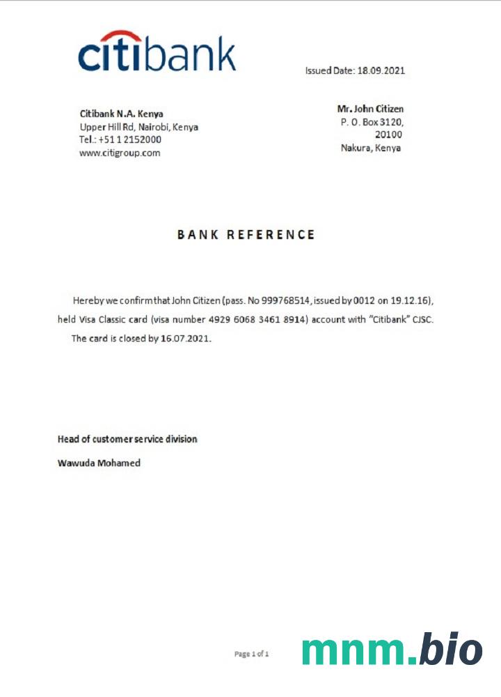 Przykład odniesienia do zamknięcia Citibank w Kenii w formatach Word i PDF